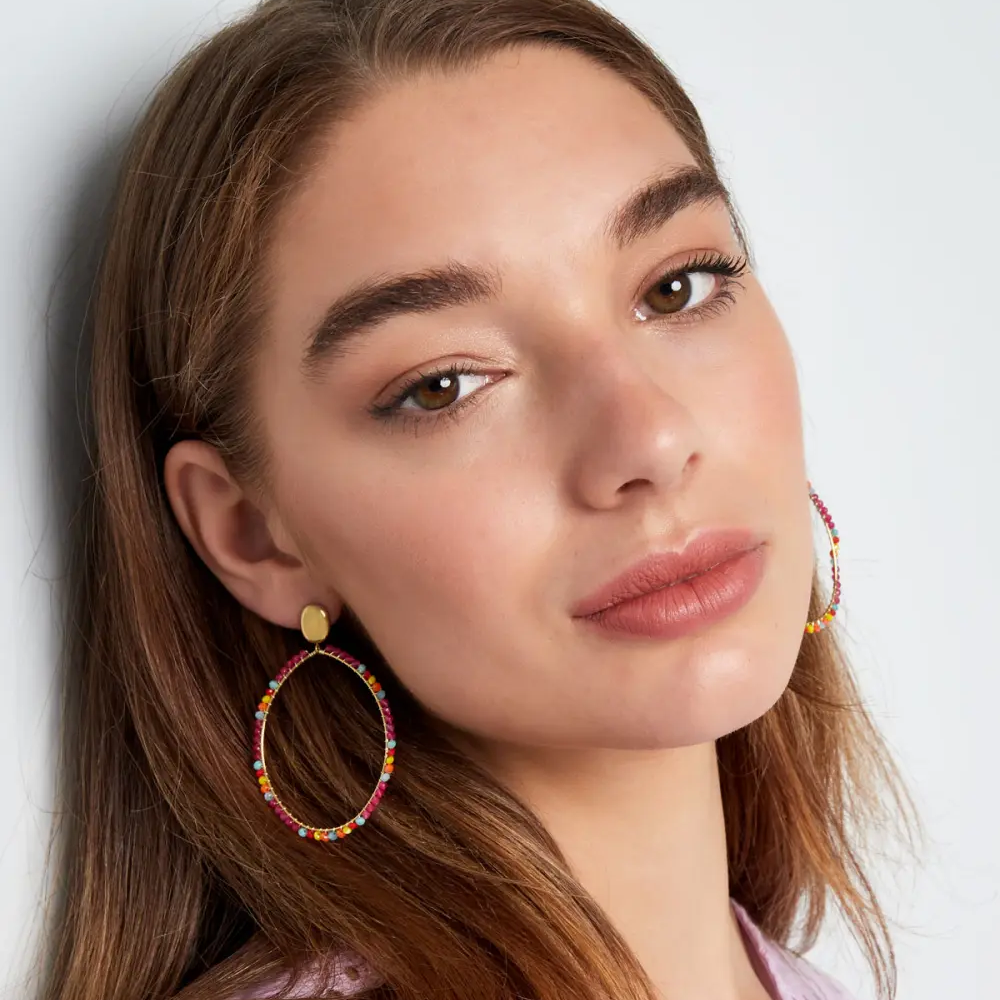 Oorbellen Ovaal Hanger Kralen goud roze multi model