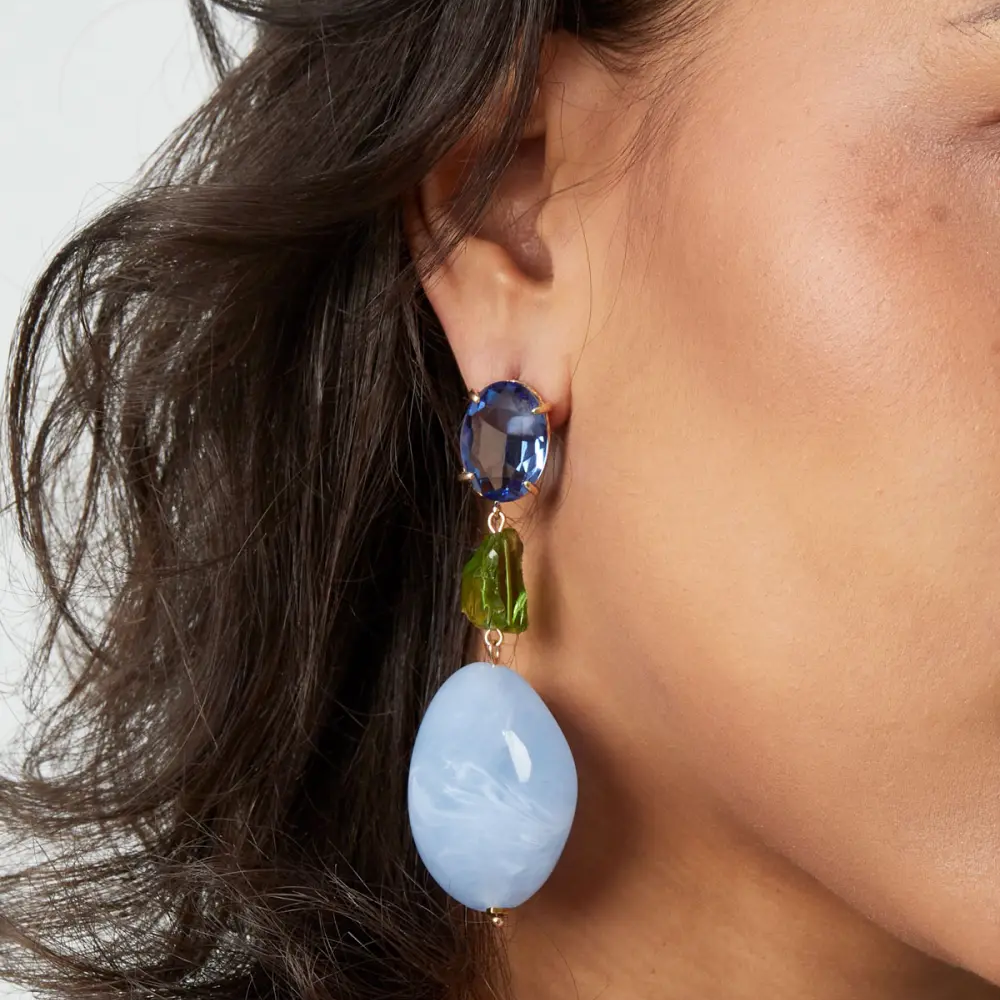 Oorbellen Statement Glas goud blauw detail