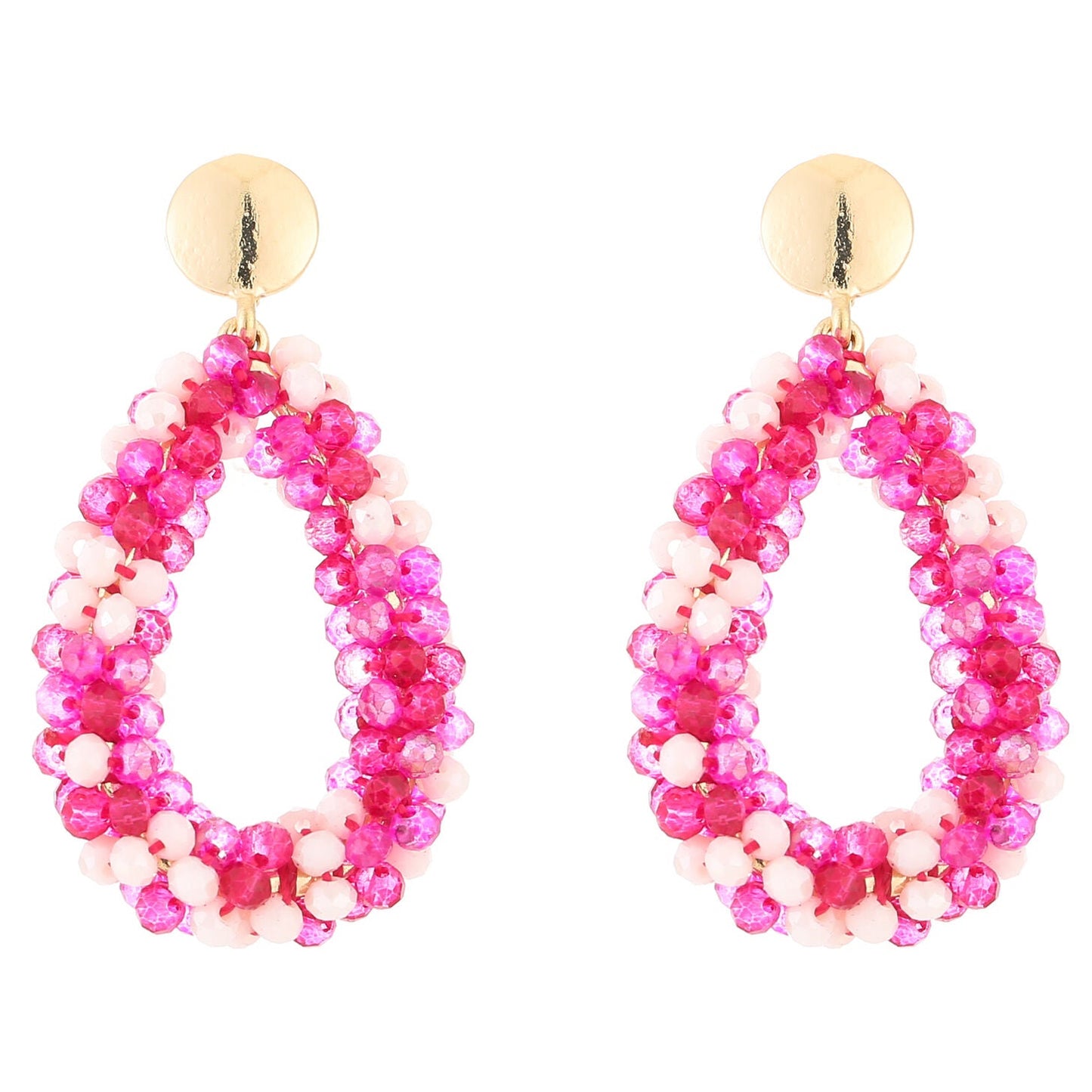 Oorbellen Strass Kralen Druppel goud fuchsia