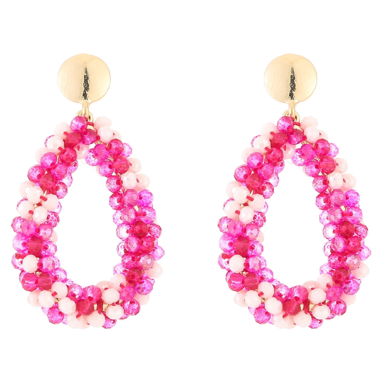 Oorbellen Strass Kralen Druppel goud fuchsia