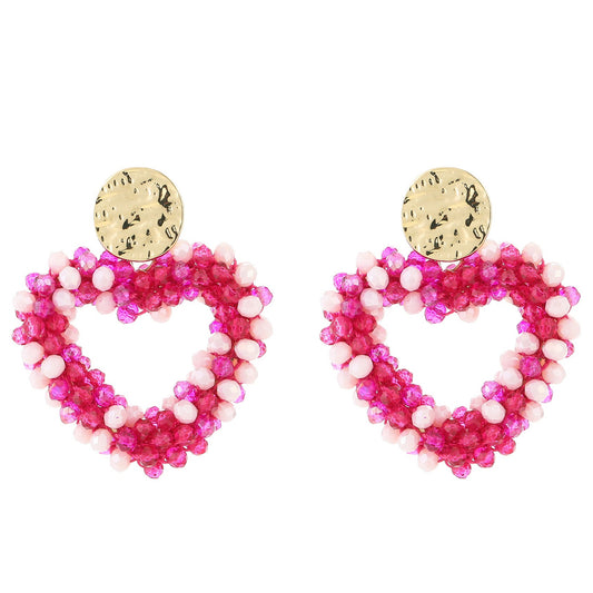 Oorbellen Strass Kralen Hart Love goud fuchsia