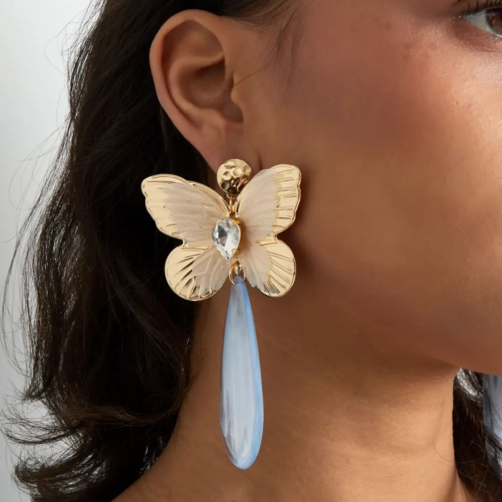 Oorbellen Vlinder Bedel met Diamant goud blauw detail