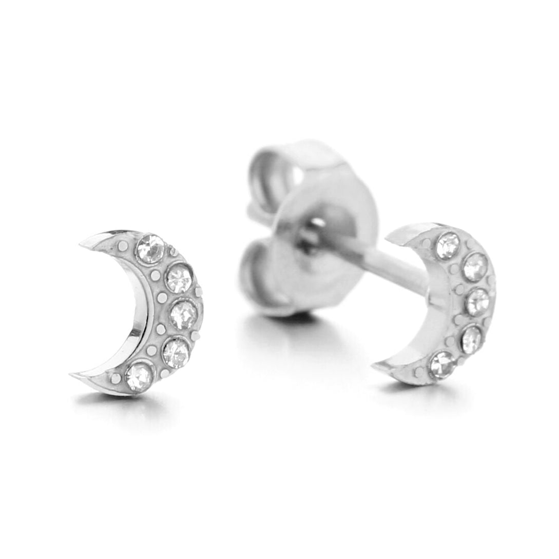 Oorsteker Maan met Strass zilver detail