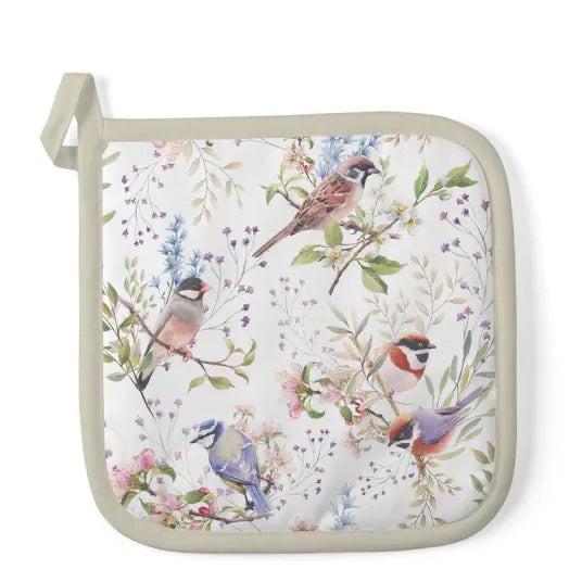 Pannenlap Busy Birds wit multi 20x20cm