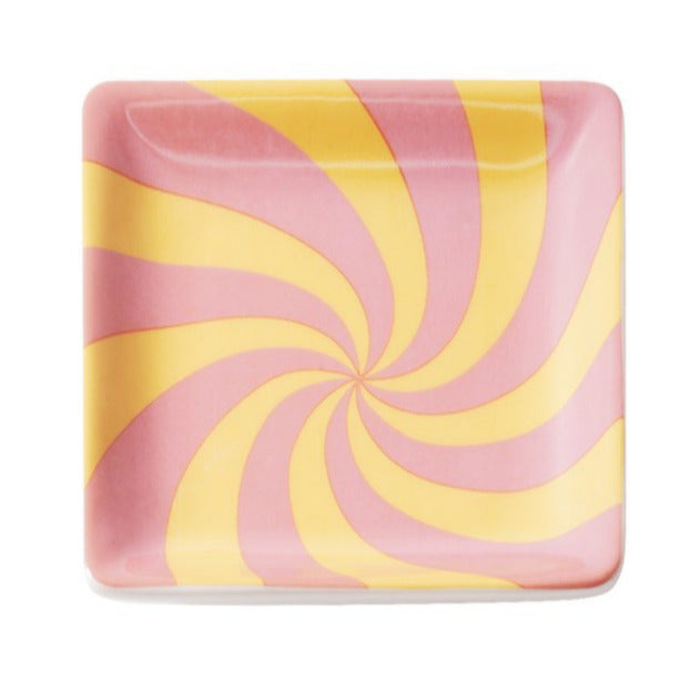 Sieradenschaaltje Swirly Vierkant geel roze 11x11cm