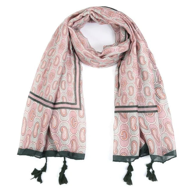Sjaal Tasseltjes khaki roze 180x90cm