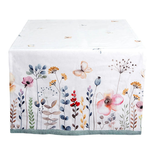 Tafelloper Bloemen wit multi 140x50cm
