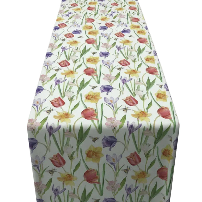 Tafelloper Flowers in Spring wit multi 150x40cm