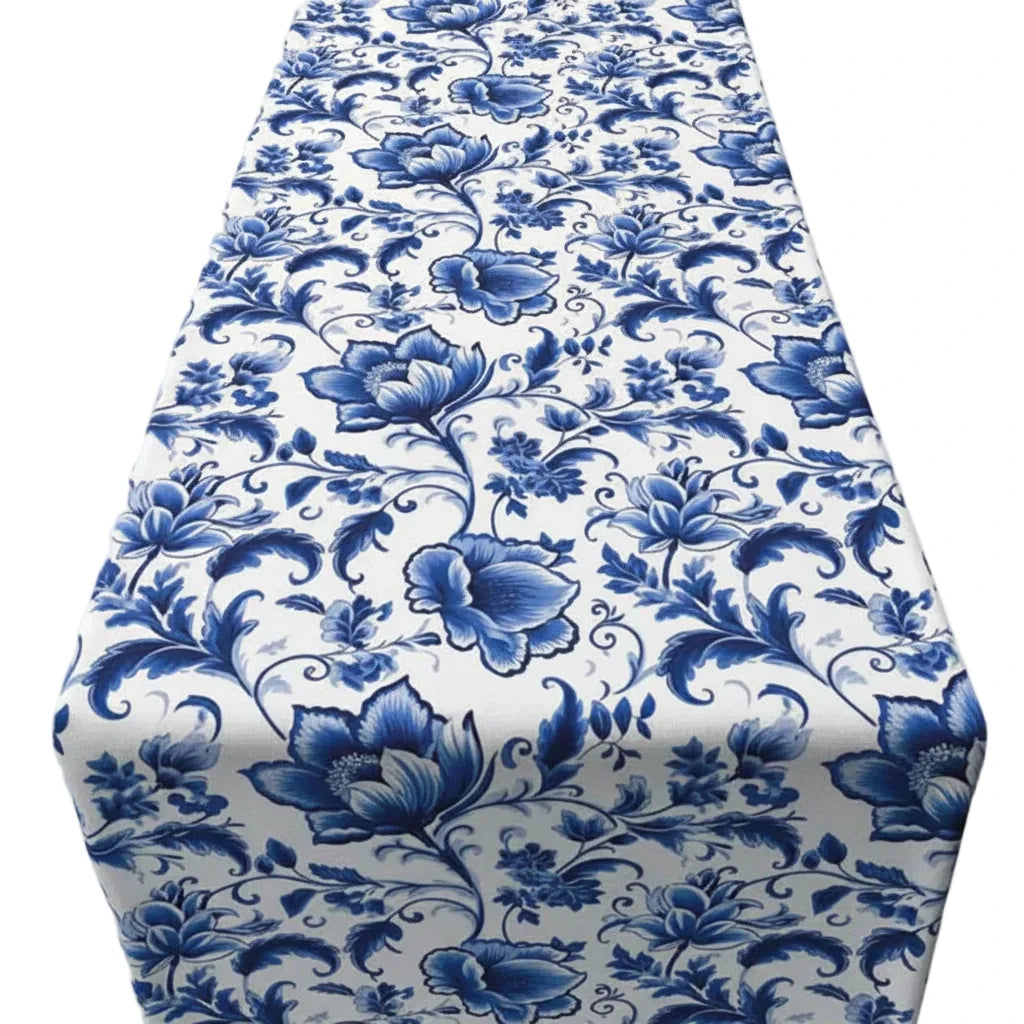 Tafelloper Delft Blue florals wit blauw 140x50cm