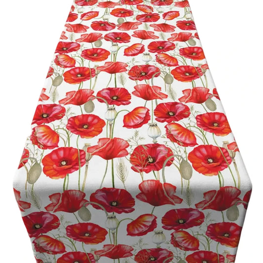 Tafelloper Poppy all over wit rood 150x40cm