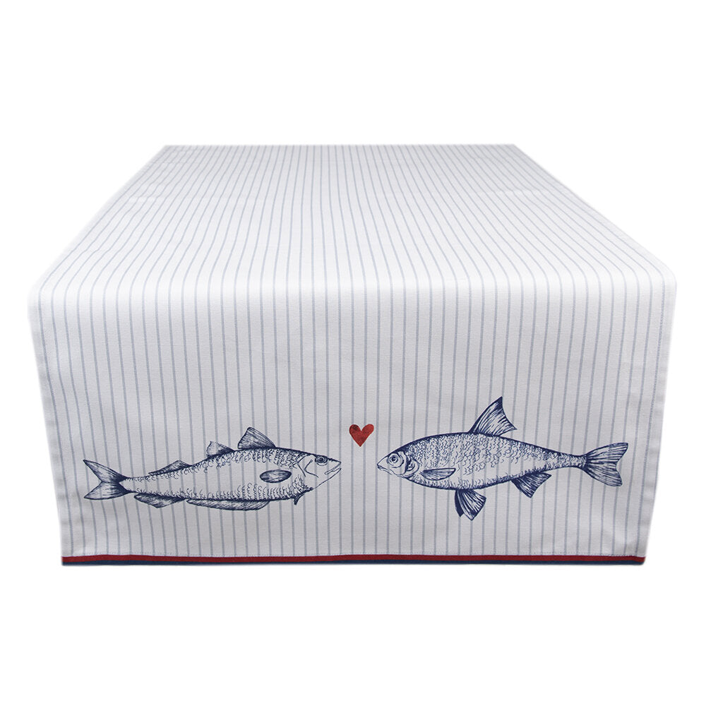 Tafelloper Vissen wit blauw 140x50cm