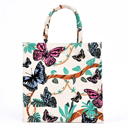 Tas Butterfly Printed canvas wit multi 30x30cm