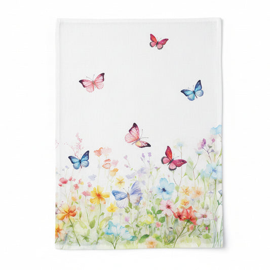 Theedoek Butterflies in Field wit multi 70x50cm