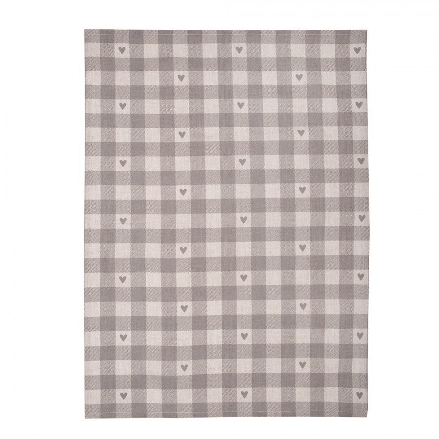 Theedoek Ruit Hartjes beige grijs 70x50cm uitgevouwen detail