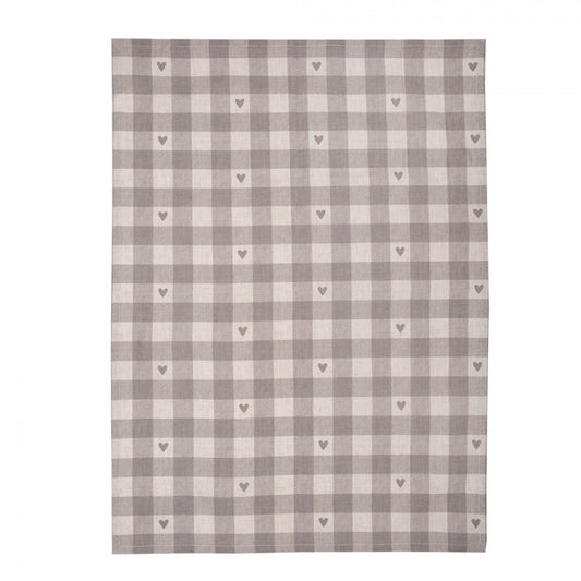 Theedoek Ruit Hartjes beige grijs 70x50cm uitgevouwen detail