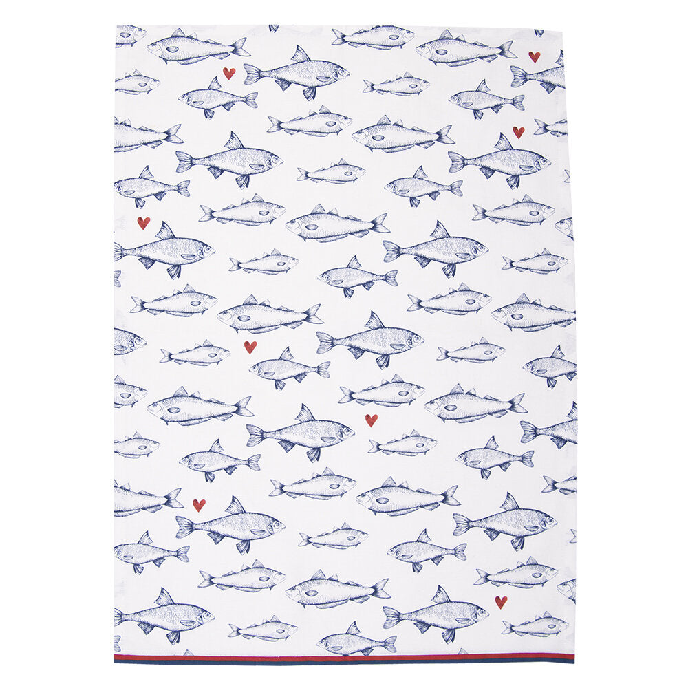 Theedoek Vissen wit blauw 70x50cm uitgevouwen