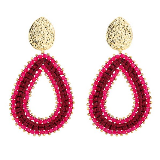 Oorbellen Handmade Kralen Druppel goud fuchsia